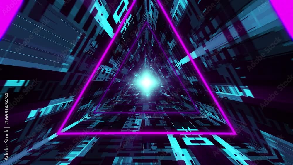 Poster cybernetic tunnel with glowing magenta triangle frames and digital circuits