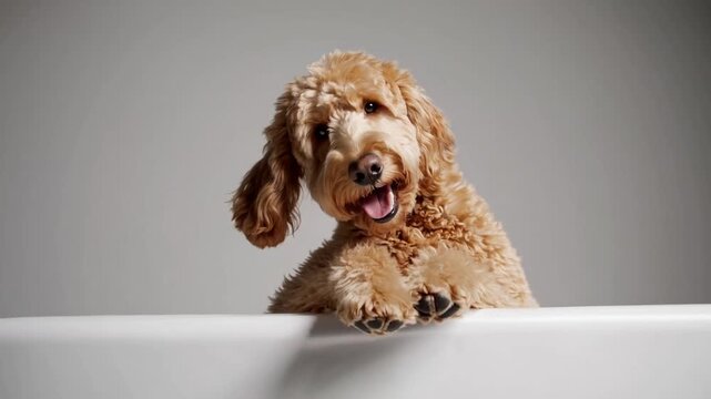 Goldendoodle Leaning on White Banner of Goldendoodle hanging over white banner, shot in the studio on white background.