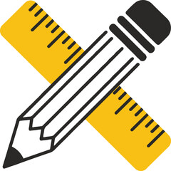 A pencil and ruler crossed with power symbols surrounding them on a white background design icon