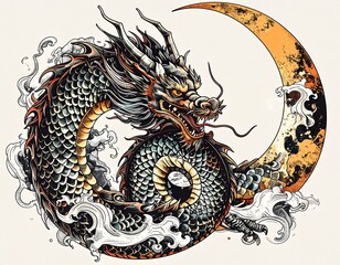 Powerful Asian Dragon and Celestial Crescent Moon, an Intricate Mythological Illustration in Japanese Ukiyo-e Style