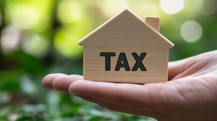 Wooden House Model Representing Tax Burden Held in Hand, Soft Focus
