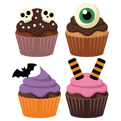 Spooky Halloween themed cupcakes set isolated vector illustration on white background