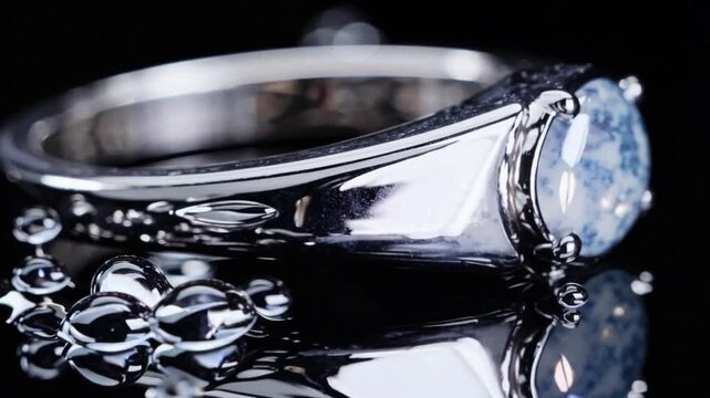 Jewelry item featuring Adularia gemstone on ebony background with liquid droplets