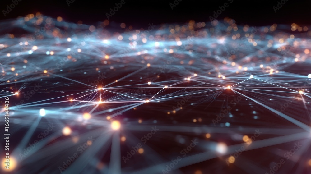 Poster a visualization of interconnected nodes representing job sites on a network diagram highlighting the