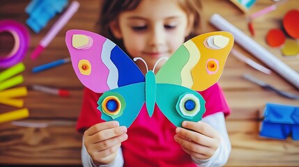 Child Holding Colorful Paper Butterfly Craft