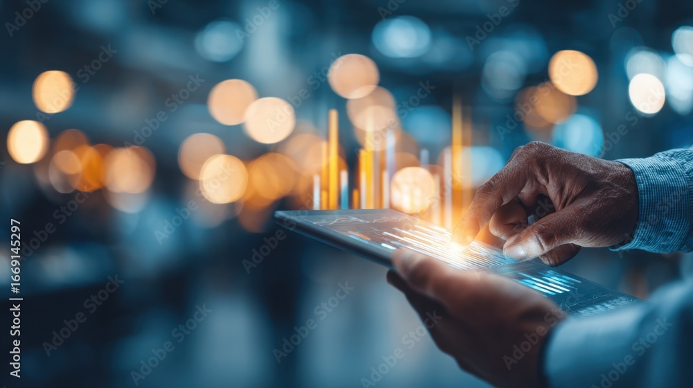Aufkleber medium shot of data analyst scrutinizing shrink trends on a tablet with vibrant graphs in crisp deta