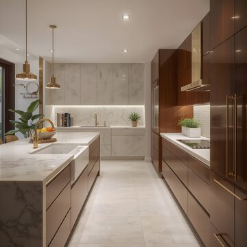 Luxurious galley kitchen with marble countertops and gold accents.