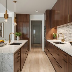 Luxurious galley kitchen with marble countertops and gold accents.