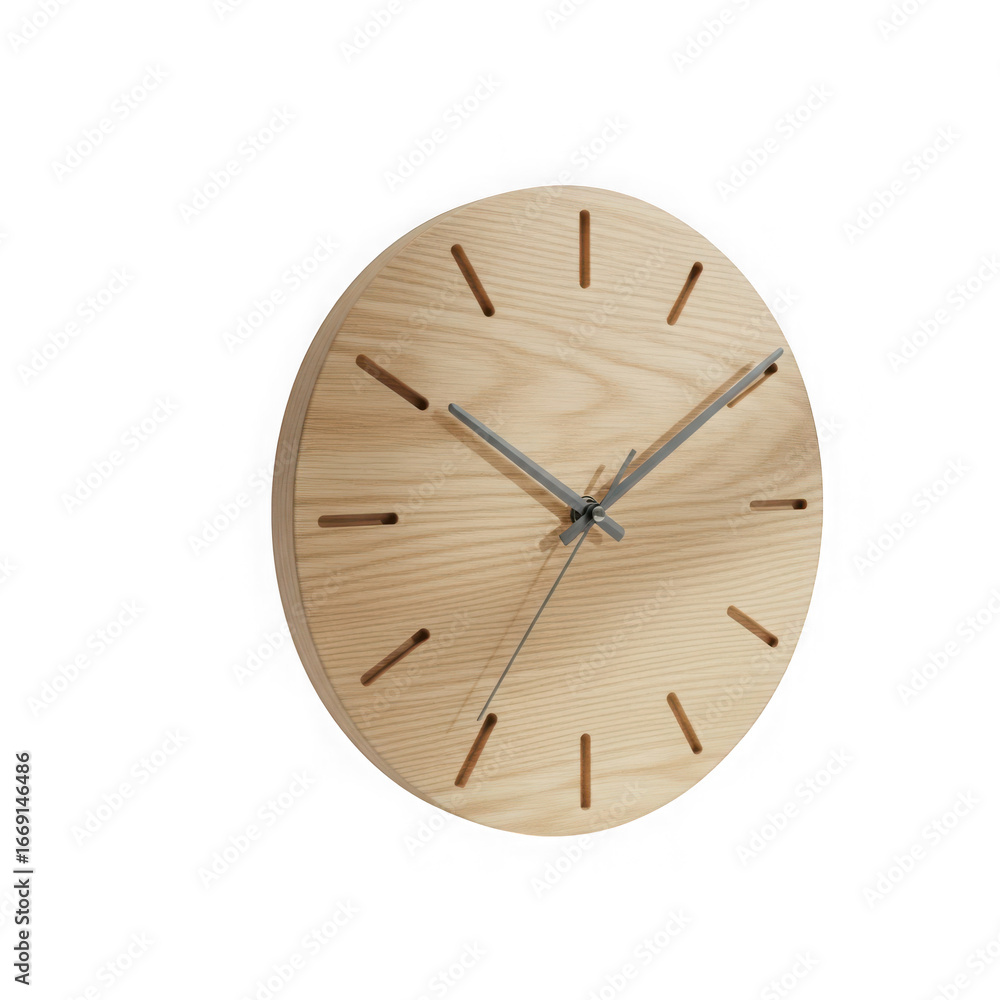 Poster minimalist wooden clock with simple design, isolated on transparent background