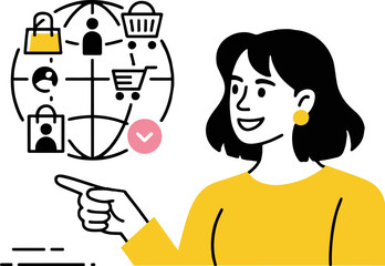 Woman pointing at globe with shopping icons representing global online shopping and ecommerce concept