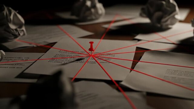A creative workspace with papers and a central pushpin connected by string.