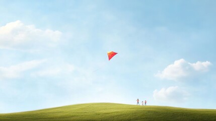 Children flying kite on sunny day in open field