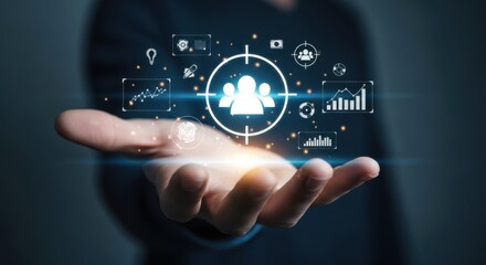 Targeted audience analysis and data visualization presented on an open palm