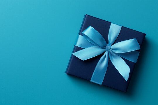 Blue present with light blue ribbon on a background. Suitable for gift related designs, celebrations, birthdays, holidays, special occasions, party invitations, product packaging.