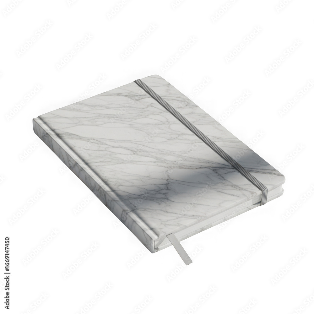 Poster elegant marble pattern notebook with elastic band and ribbon bookmark, isolated on transparent backg