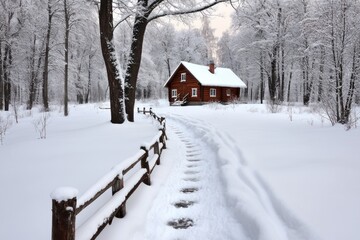 Cozy Cabin Retreat: Snow-Covered Path to a Rustic Wooden House in Winter Forest