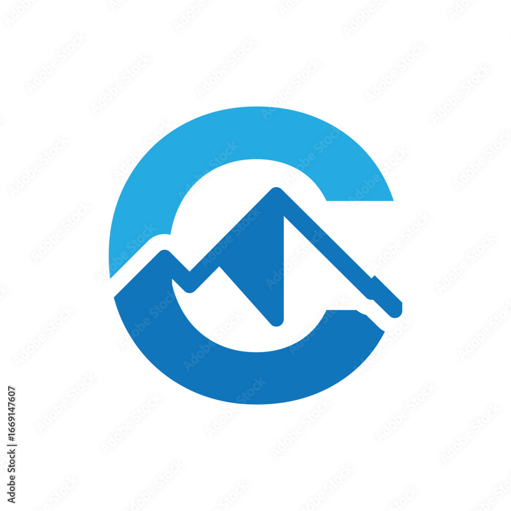 Poster the image shows a flat logo design of a letter c with mountain as the element in blue color on a whi