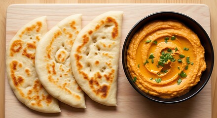 Appetizing hummus and naan bread served on a wooden board ideal for food photography and culinary blog posts showcasing healthy and delicious Mediterranean cuisine