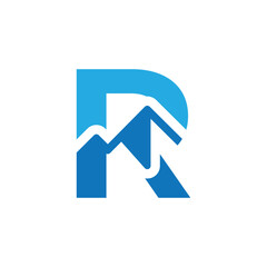 The image shows a flat logo design of a letter R with mountain as the element in blue color on a white background
