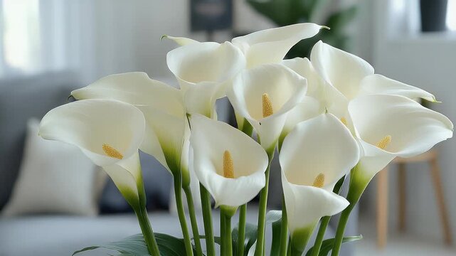 Elegant Bouquet of Fresh White Calla Lilies in a Bright, Modern Living Room Interior