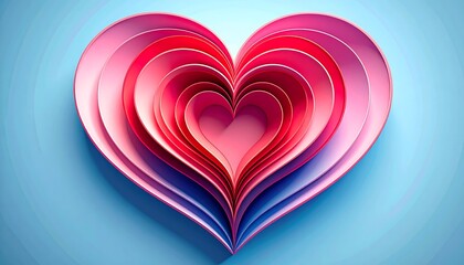 A vibrant, layered heart design in warm pinks, reds, and blues, set against a light azure background, showcasing a beautiful three-dimensional effect.