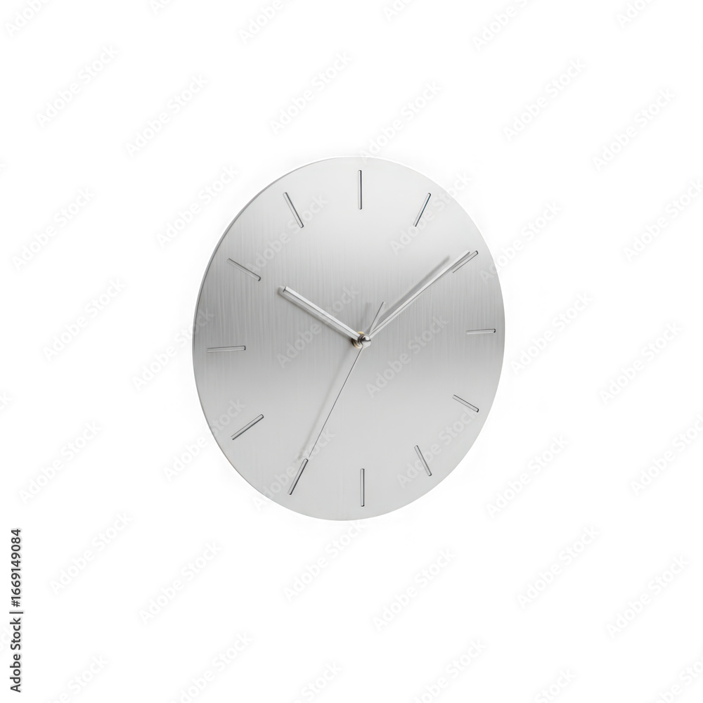 Poster modern minimalist analog clock isolated on transparent background, featuring a clean round dial with