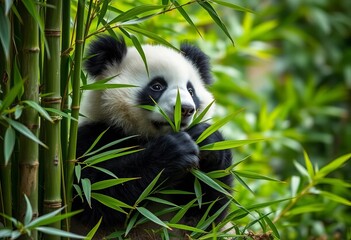 Obraz premium Playful panda nestled in bamboo, clutching leaves, vibrant green foliage, bamboo, nature photography