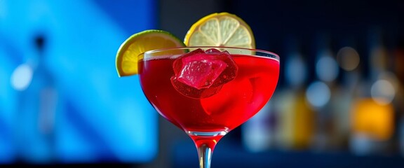 Sleek cocktail glass, lime wedge garnish, soft-focus blue backdrop, fresh, refreshment