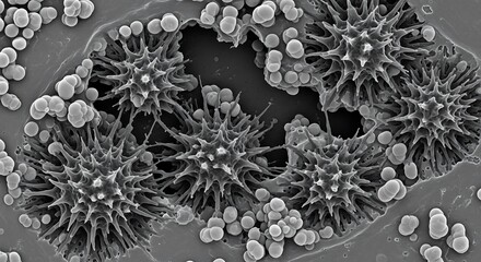 High-magnification scanning electron micrograph revealing the intricate and spiky exine structures of echinate pollen grains in a biological sample