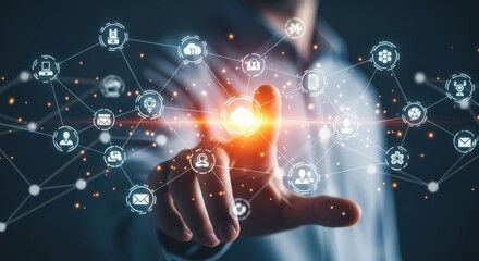 Person interacting with a glowing digital network of interconnected icons and data points