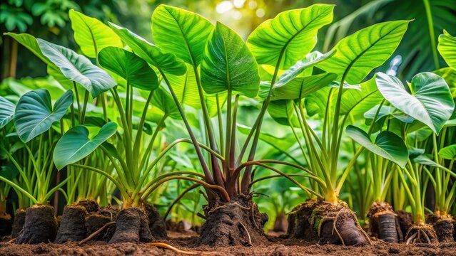 Tropical plant taro roots in a garden, green, foliage