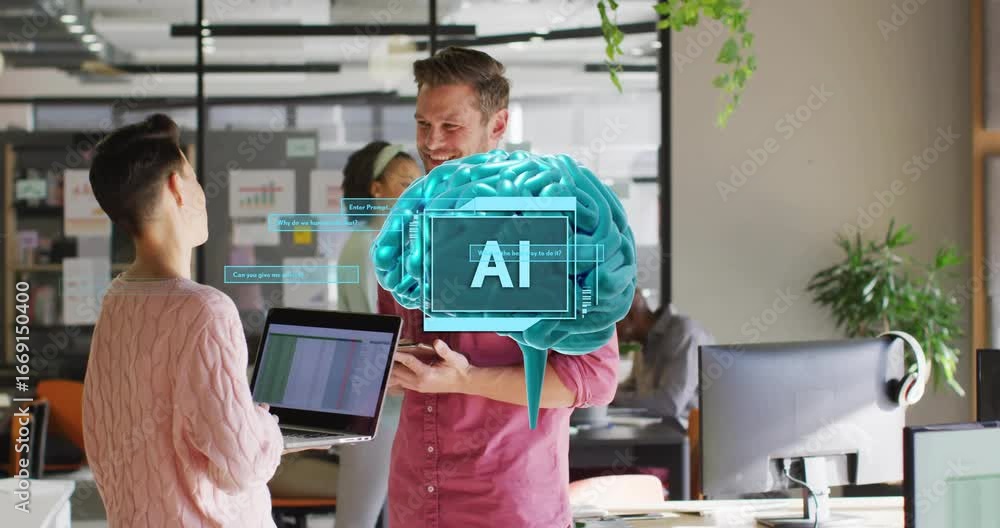 Poster teenager approaching man showing laptop charts spawning hovering ai hologram with ui panels