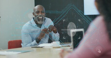 Woman gesturing toward tablet initiating biometric overlay scanning fingerprint in security meeting - Powered by Adobe