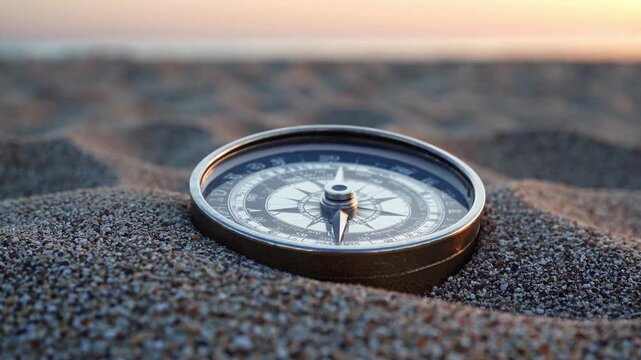 compass spinning and eventually landing on the sand during a beautiful sunset, symbolizing exploration, navigation, and finding one's way