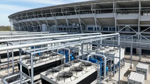 Panoramic footage of an expansive HVAC chiller plant integrated alongside an outdoor arenas structural framework and utilities.