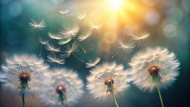 Soft focus dandelion seeds floating in air amidst subtle blurred nature background with parachute-like shapes