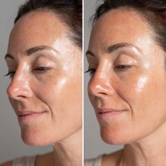 A woman with a tan face is shown in two different pictures