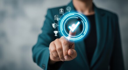 Business professional interacts with glowing digital interface confirming a successful task completion