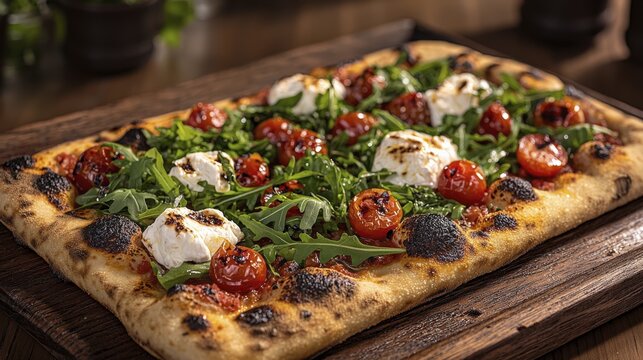 Close-up of a rectangular pizza with fresh toppings on a wooden board.