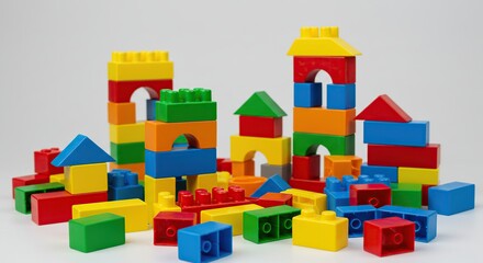 Colorful Building Blocks Stacked Together Creating Tall Towers and Structures Isolated on Transparent Background