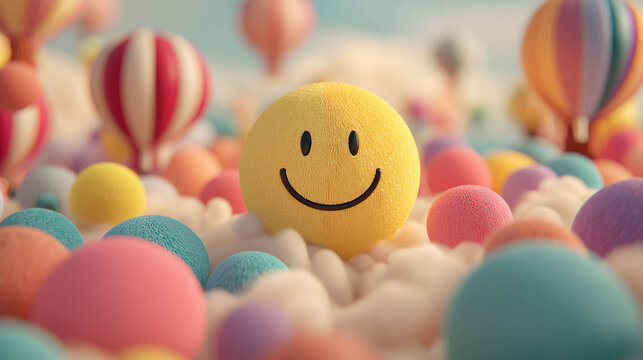 smiley face happiness concept hot air balloons yellow pink blue red white floating blurred background focus