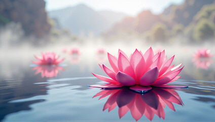 Pink Water Lilies on Calm Water with Reflection