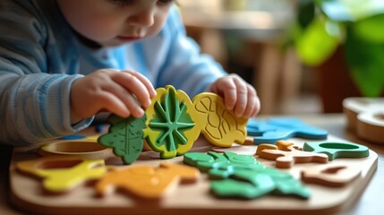 Infant playing with colorful wooden shape puzzle.
