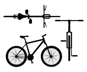 Bicycle Silhouette Icon Set Side, Front, Back, and Top View on White Background