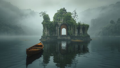 Fototapeta premium Mysterious Temple Island Shrouded in Morning Mist