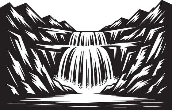 black and white stylized mountainous landscape vector featuring cascading tiered waterfall and reflective water pool