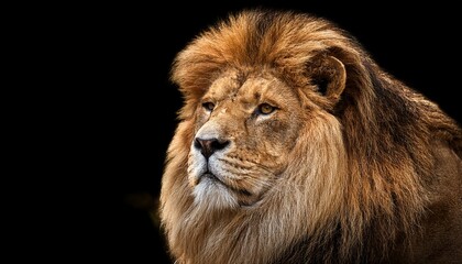 Obraz premium close up of a majestic lion golden mane flowing fierce yet calm expression isolated on a black background for a bold dramatic effect