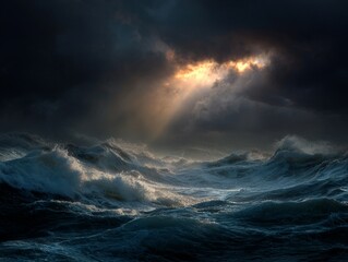 Obraz premium Stormy ocean waves crashing under dramatic sky with sun rays seascape wallpaper