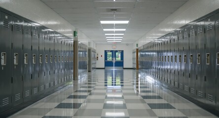 Obraz premium Locker-lined corridor with checkered floor, perspective view