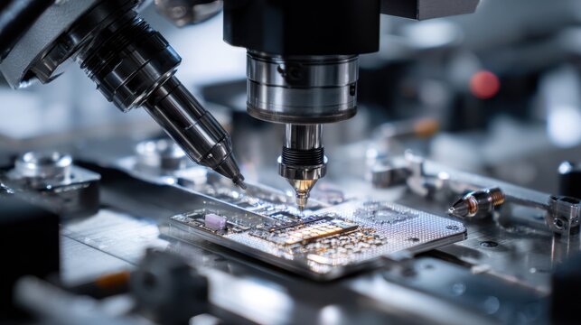 Intricate microfabrication techniques in medium shot showing precise robotic arm assembling minuscule mechanical parts with main tool sharply focused.